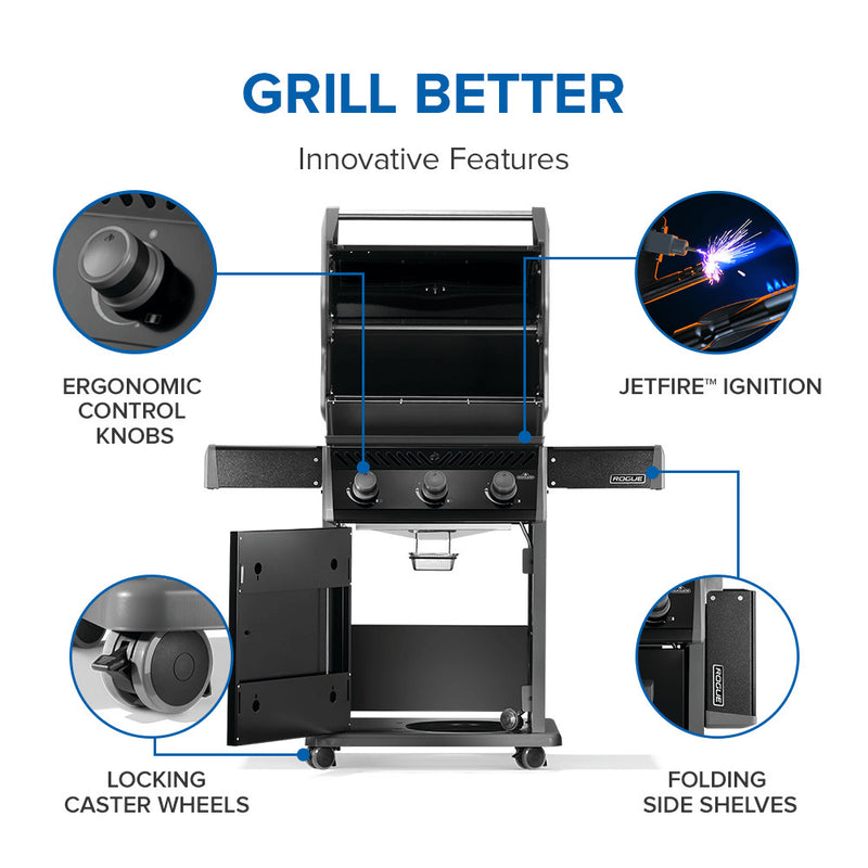 Napoleon Rogue 425 gas grill with foldable side shelves and porcelain cast iron grates at DDR BBQ Supply