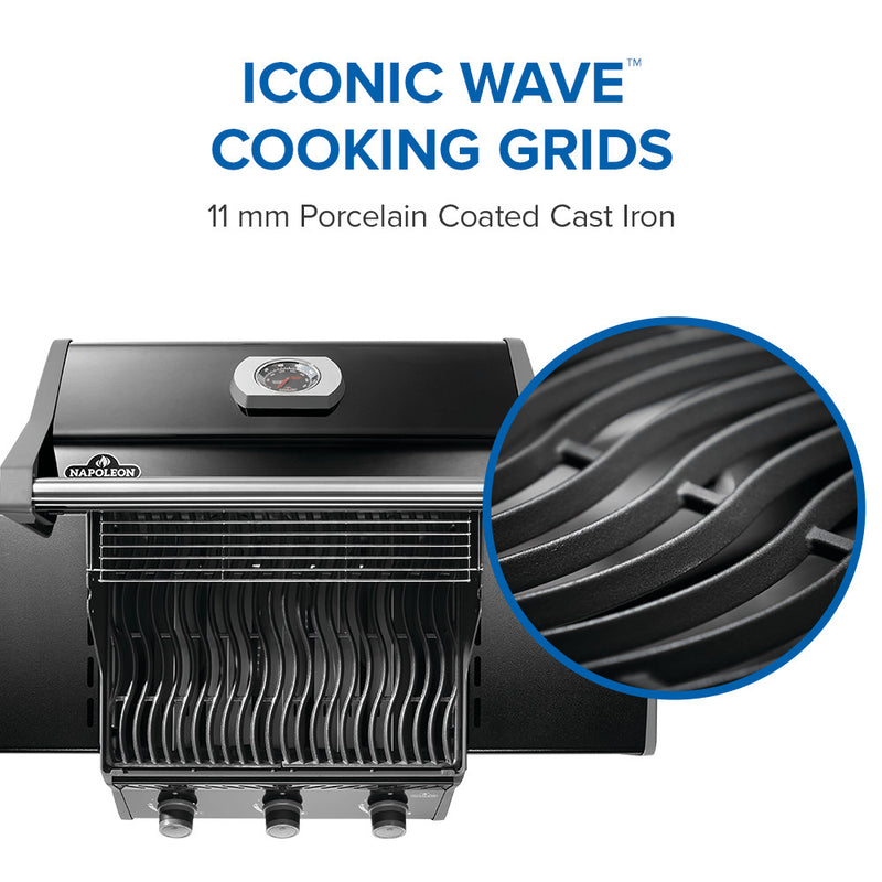 Napoleon Rogue 425 gas grill with foldable side shelves and porcelain cast iron grates at DDR BBQ Supply