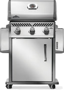 Napoleon Rogue 425 stainless steel gas grill with foldable side shelves and cast iron grates at DDR BBQ Supply