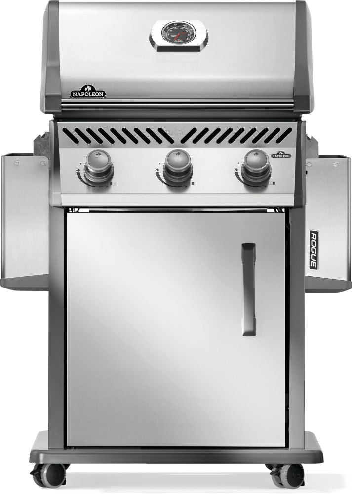 Napoleon Rogue 425 stainless steel gas grill with foldable side shelves and cast iron grates at DDR BBQ Supply