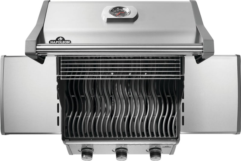 Napoleon Rogue 425 stainless steel gas grill with foldable side shelves and cast iron grates at DDR BBQ Supply