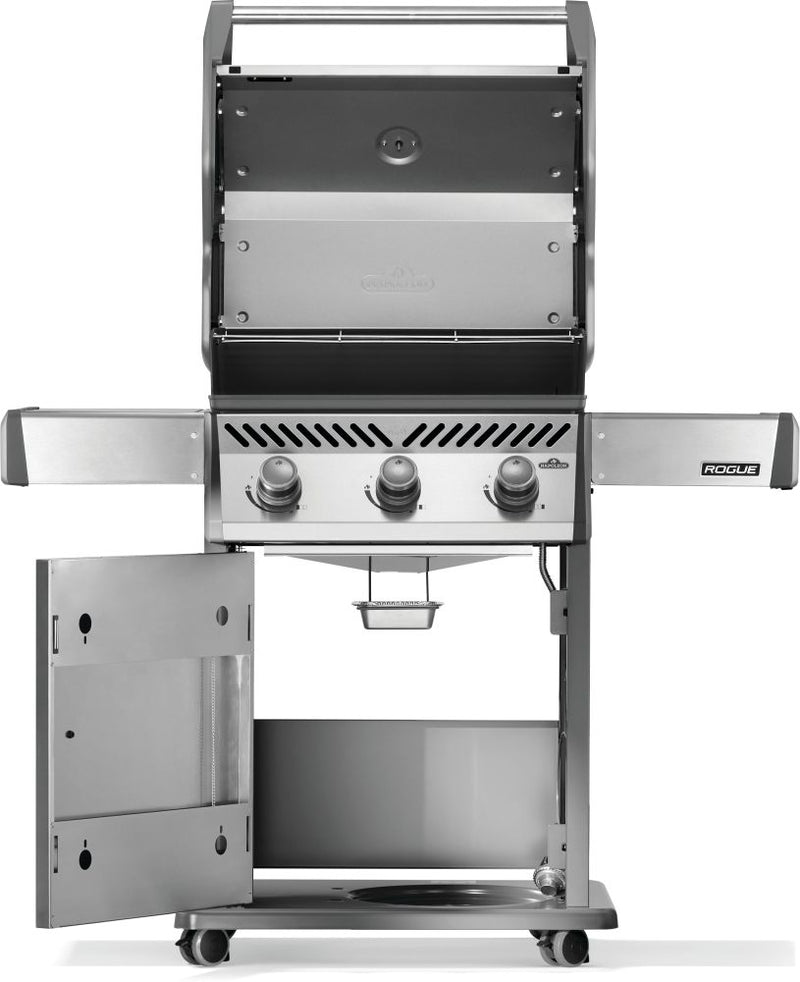Napoleon Rogue 425 stainless steel gas grill with foldable side shelves and cast iron grates at DDR BBQ Supply