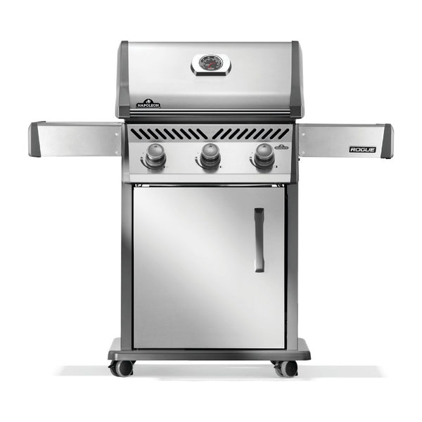 Napoleon Rogue 425 stainless steel gas grill with foldable side shelves and cast iron grates at DDR BBQ Supply