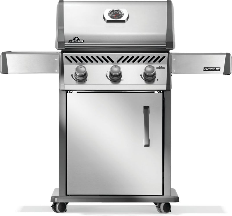Napoleon Rogue 425 stainless steel gas grill with foldable side shelves and cast iron grates at DDR BBQ Supply