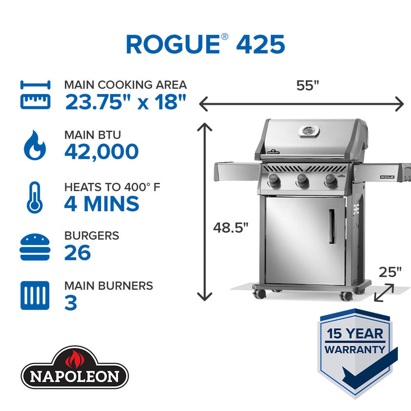 Napoleon Rogue 425 stainless steel gas grill with foldable side shelves and cast iron grates at DDR BBQ Supply