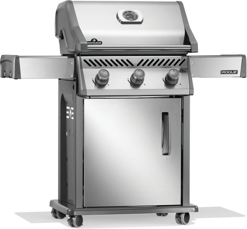 Napoleon Rogue 425 stainless steel gas grill with foldable side shelves and cast iron grates at DDR BBQ Supply