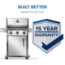 Napoleon Rogue 425 stainless steel gas grill with foldable side shelves and cast iron grates at DDR BBQ Supply