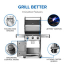 Napoleon Rogue 425 stainless steel gas grill with foldable side shelves and cast iron grates at DDR BBQ Supply