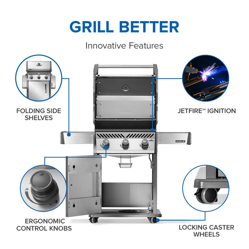 Napoleon Rogue 425 stainless steel gas grill with foldable side shelves and cast iron grates at DDR BBQ Supply