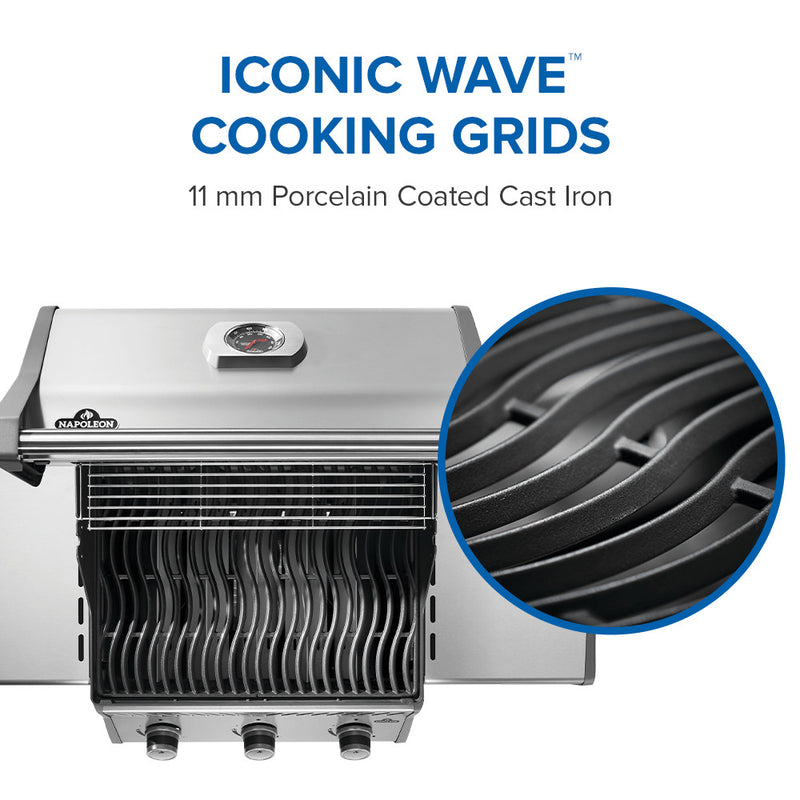 Napoleon Rogue 425 stainless steel gas grill with foldable side shelves and cast iron grates at DDR BBQ Supply