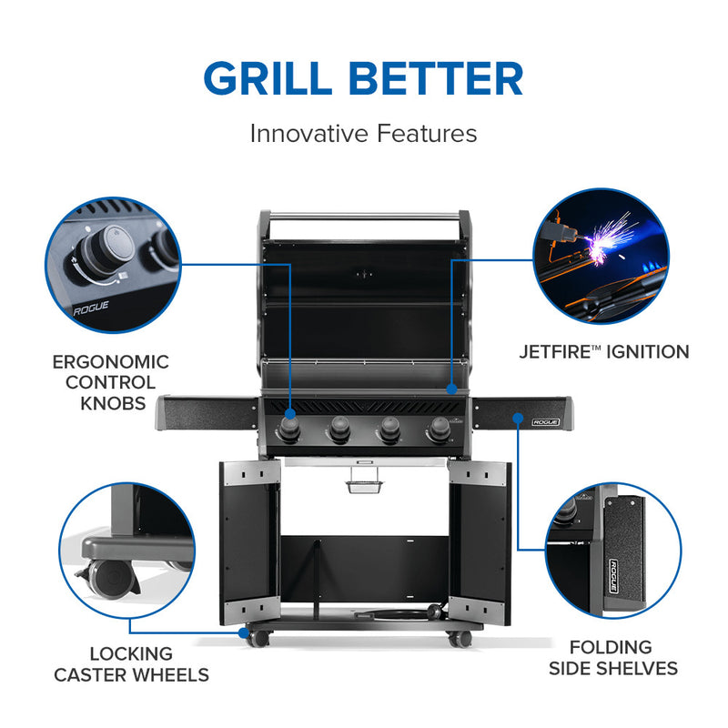 Napoleon Rogue 525 Gas Grill a 4-Burner Stand Alone Grill with JETFIRE Ignition, Folding Shelves, and Dual-Level Sear Plates from DDR BBQ Supply
