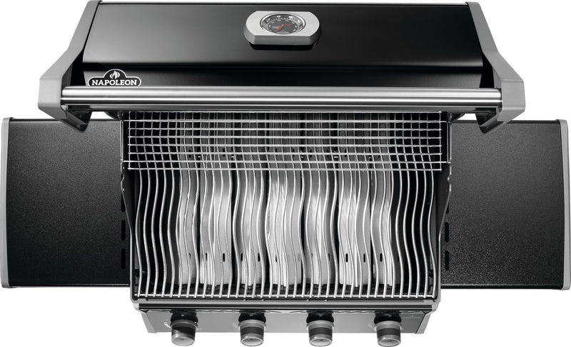 Napoleon Rogue 525 black gas grill with stainless steel cooking grates available in propane or natural gas at DDR BBQ Supply