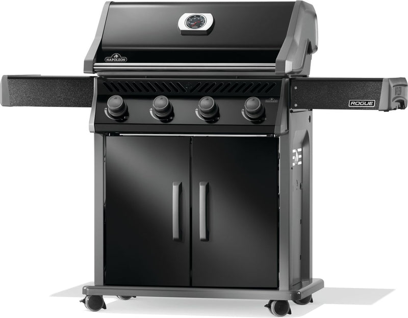 Napoleon Rogue 525 black gas grill with stainless steel cooking grates available in propane or natural gas at DDR BBQ Supply
