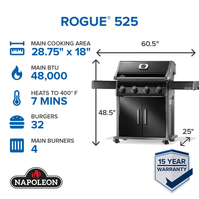 Napoleon Rogue 525 black gas grill with stainless steel cooking grates available in propane or natural gas at DDR BBQ Supply