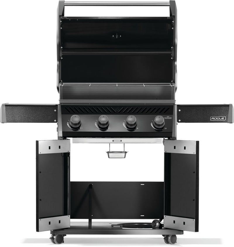 Napoleon Rogue 525 black gas grill with stainless steel cooking grates available in propane or natural gas at DDR BBQ Supply