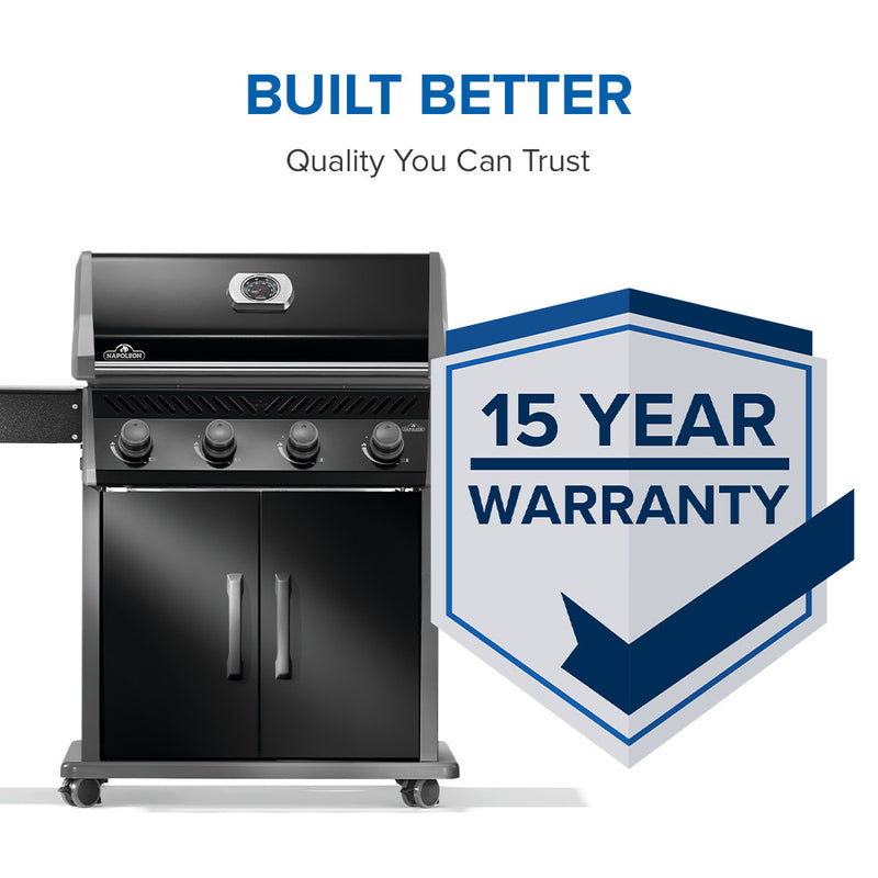 Napoleon Rogue 525 black gas grill with stainless steel cooking grates available in propane or natural gas at DDR BBQ Supply