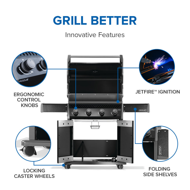 Napoleon Rogue 525 black gas grill with stainless steel cooking grates available in propane or natural gas at DDR BBQ Supply