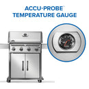 Napoleon Rogue 525 stainless steel gas grill with four burners available at DDR BBQ Supply with Accu-Probe temperature gauge on a white background