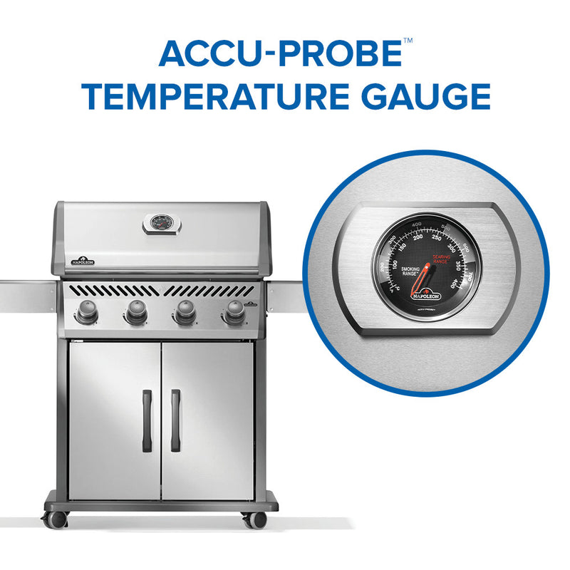 Napoleon Rogue 525 stainless steel gas grill with four burners available at DDR BBQ Supply with Accu-Probe temperature gauge on a white background