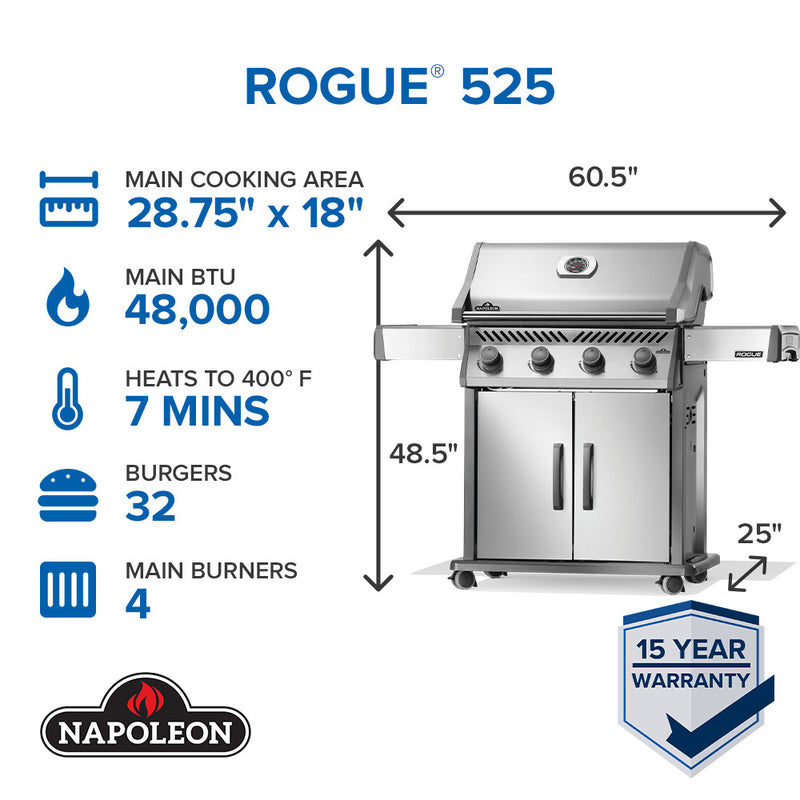 Napoleon Rogue 525 stainless steel gas grill with four burners available at DDR BBQ Supply