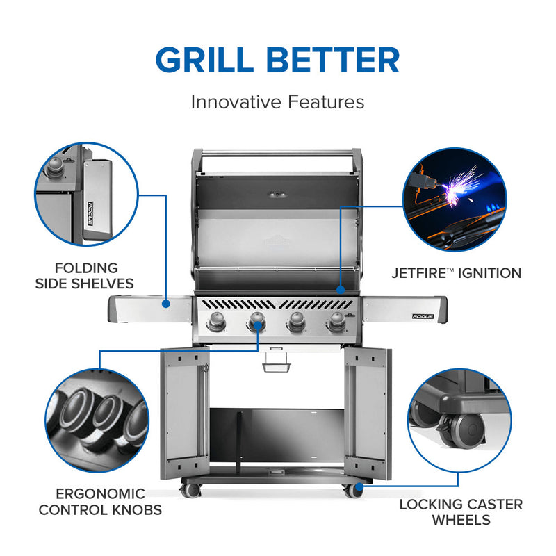 Napoleon Rogue 525 stainless steel gas grill with four burners available at DDR BBQ Supply