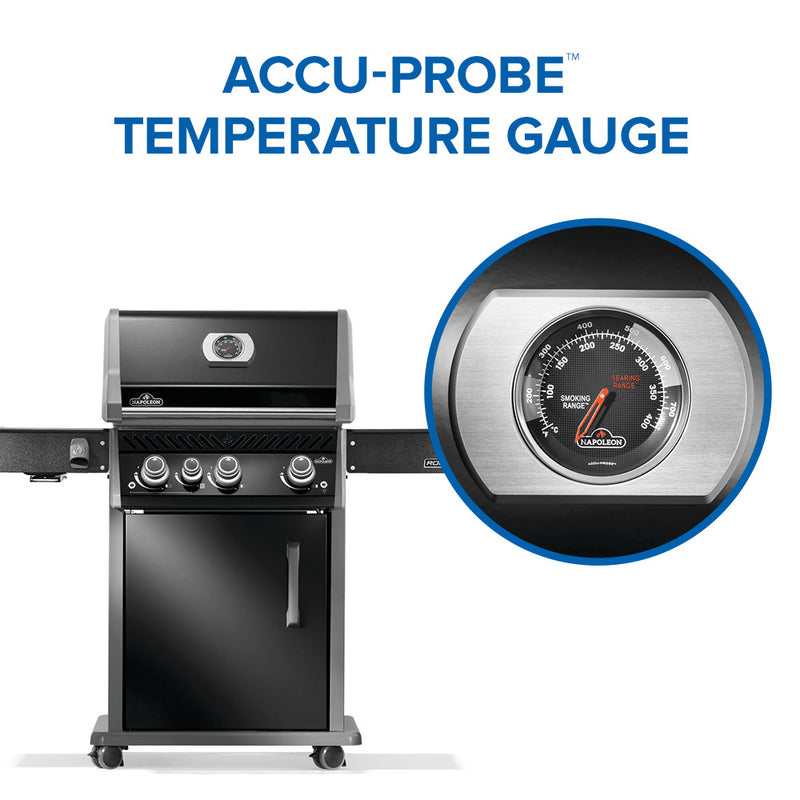 Napoleon Rogue PRO 425 SIB black gas grill with infrared side burner available in propane or natural gas at DDR BBQ Supply