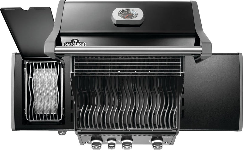 Napoleon Rogue PRO 425 SIB black gas grill with infrared side burner available in propane or natural gas at DDR BBQ Supply