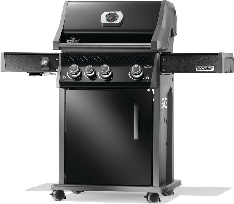 Napoleon Rogue PRO 425 SIB black gas grill with infrared side burner available in propane or natural gas at DDR BBQ Supply