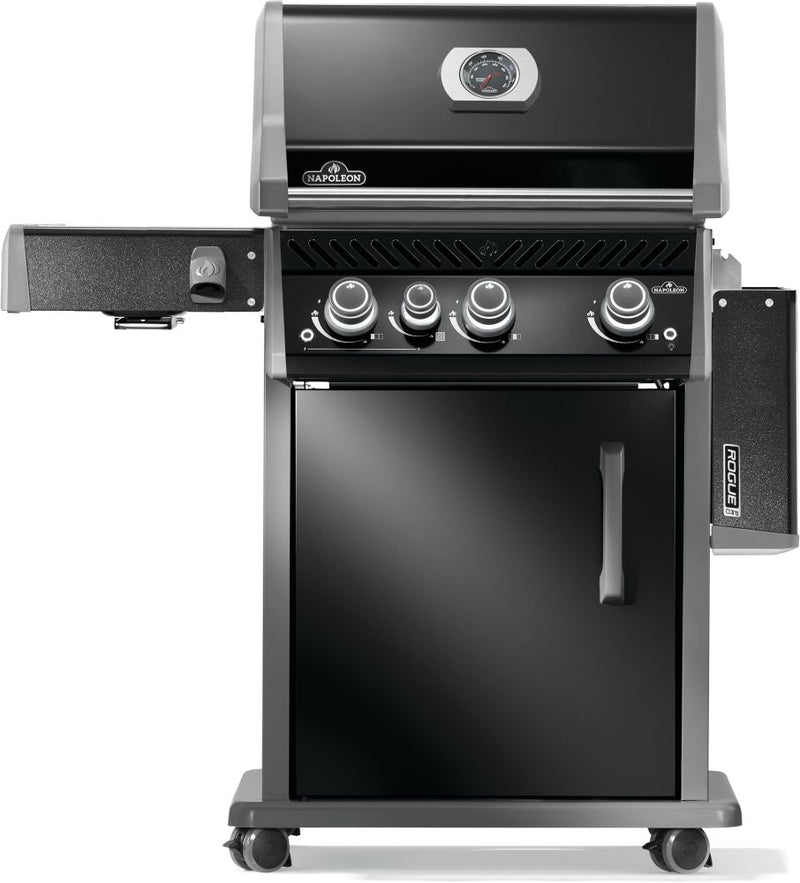 Napoleon Rogue PRO 425 SIB black gas grill with infrared side burner available in propane or natural gas at DDR BBQ Supply