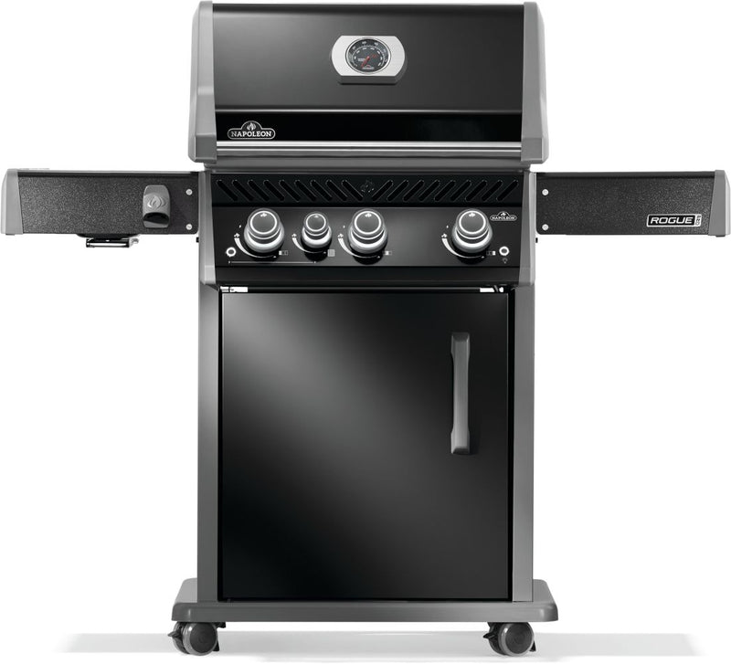 Napoleon Rogue PRO 425 SIB black gas grill with infrared side burner available in propane or natural gas at DDR BBQ Supply