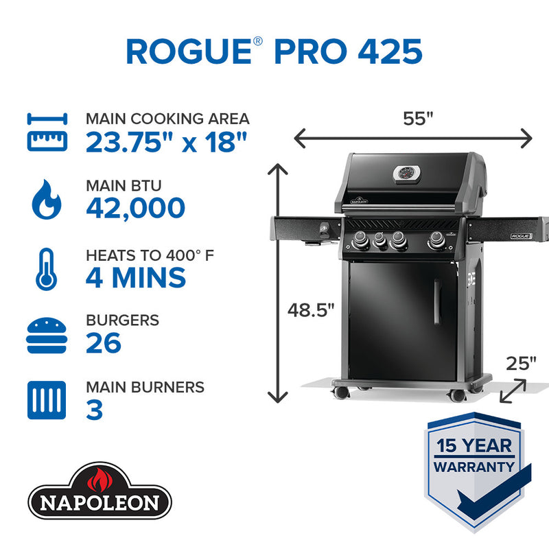 Napoleon Rogue PRO 425 SIB black gas grill with infrared side burner available in propane or natural gas at DDR BBQ Supply