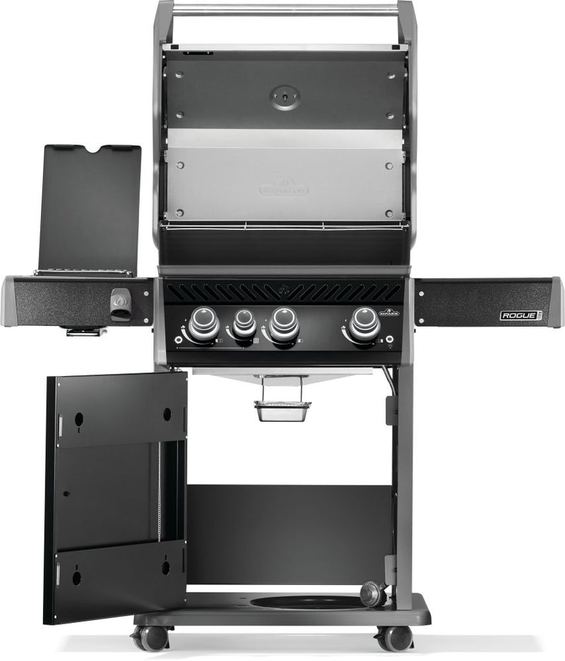 Napoleon Rogue PRO 425 SIB black gas grill with infrared side burner available in propane or natural gas at DDR BBQ Supply