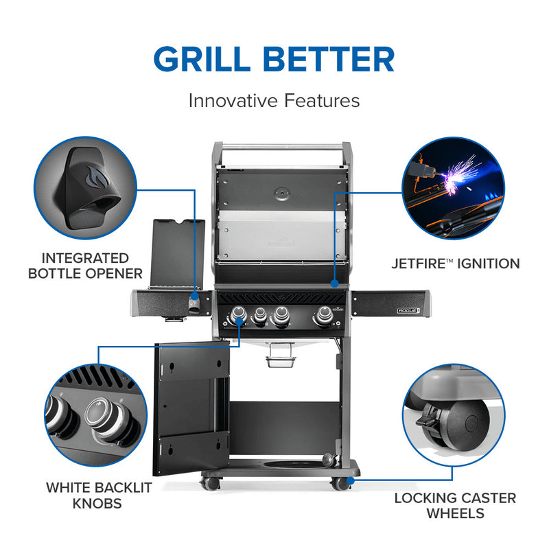Napoleon Rogue PRO 425 SIB black gas grill with infrared side burner available in propane or natural gas at DDR BBQ Supply