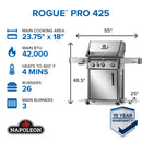 Napoleon Rogue PRO 425 stainless steel gas grill with infrared side burner available in propane or natural gas at DDR BBQ Supply