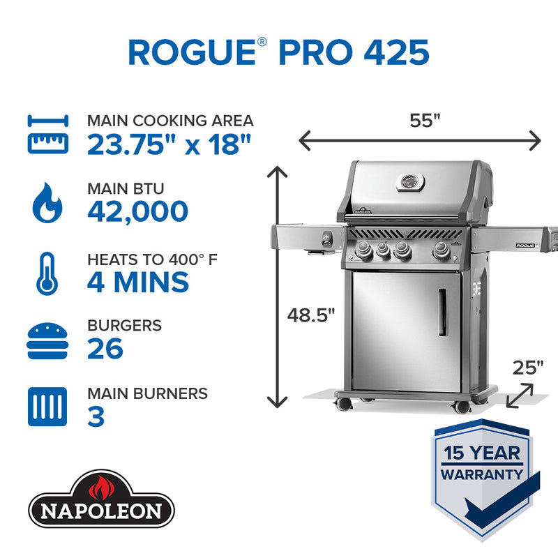 Napoleon Rogue PRO 425 stainless steel gas grill with infrared side burner available in propane or natural gas at DDR BBQ Supply