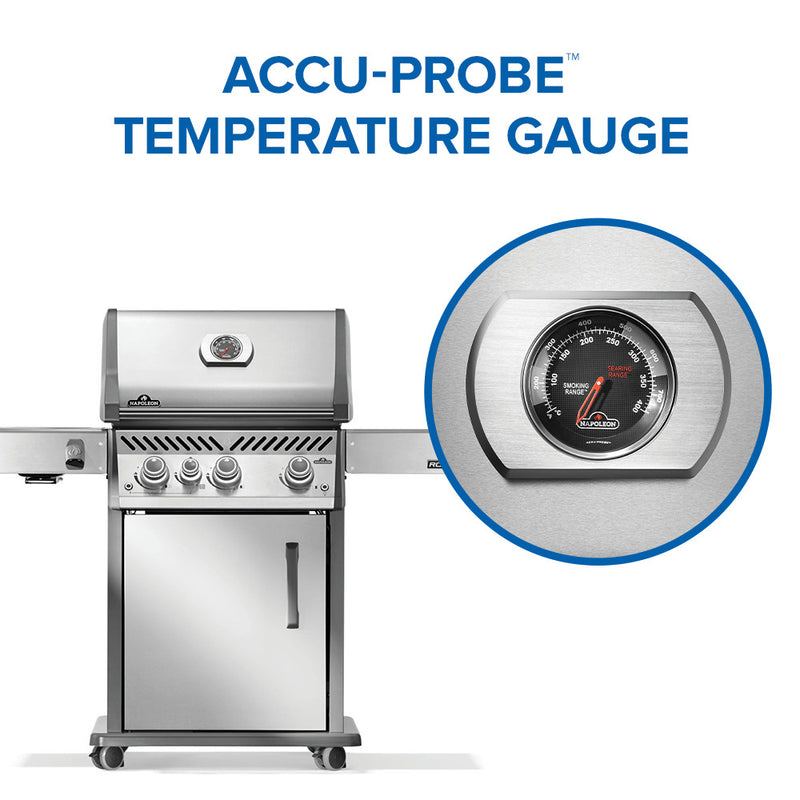 Napoleon Rogue PRO 425 stainless steel gas grill with infrared side burner available in propane or natural gas at DDR BBQ Supply