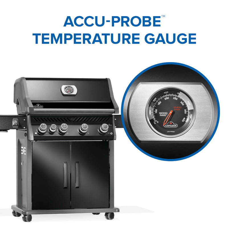 Napoleon Rogue PRO 525 black gas grill with infrared side burner available in propane or natural gas at DDR BBQ Supply