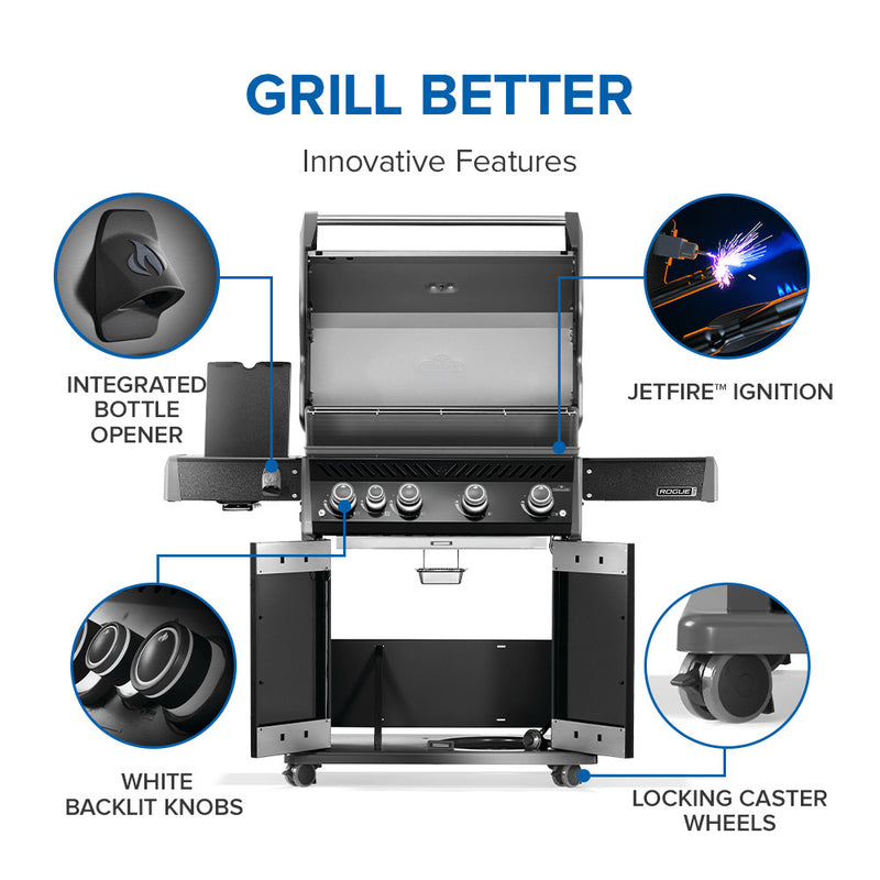 Napoleon Rogue PRO 525 black gas grill with infrared side burner available in propane or natural gas at DDR BBQ Supply