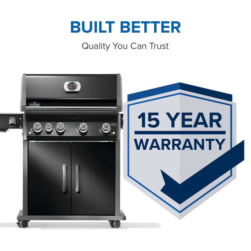 Napoleon Rogue PRO 525 black gas grill with infrared side burner available in propane or natural gas at DDR BBQ Supply