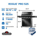 Napoleon Rogue PRO 525 black gas grill with infrared side burner available in propane or natural gas at DDR BBQ Supply
