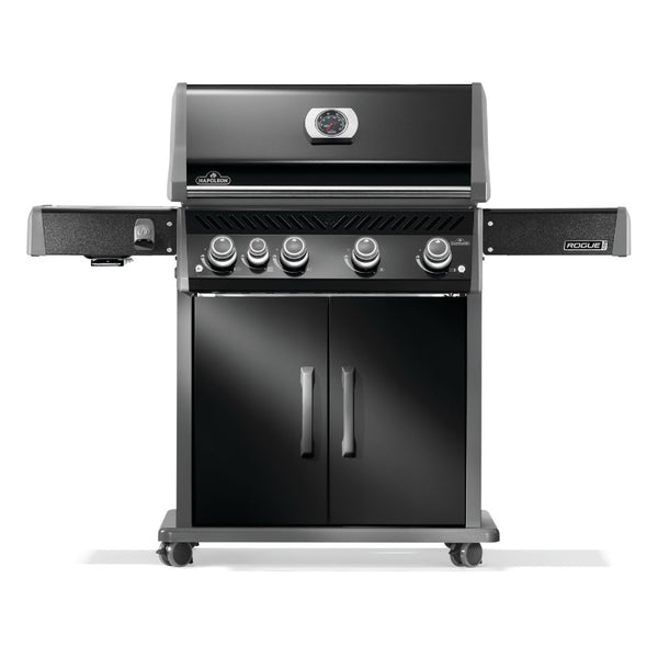 Napoleon Rogue PRO 525 black gas grill with infrared side burner available in propane or natural gas at DDR BBQ Supply