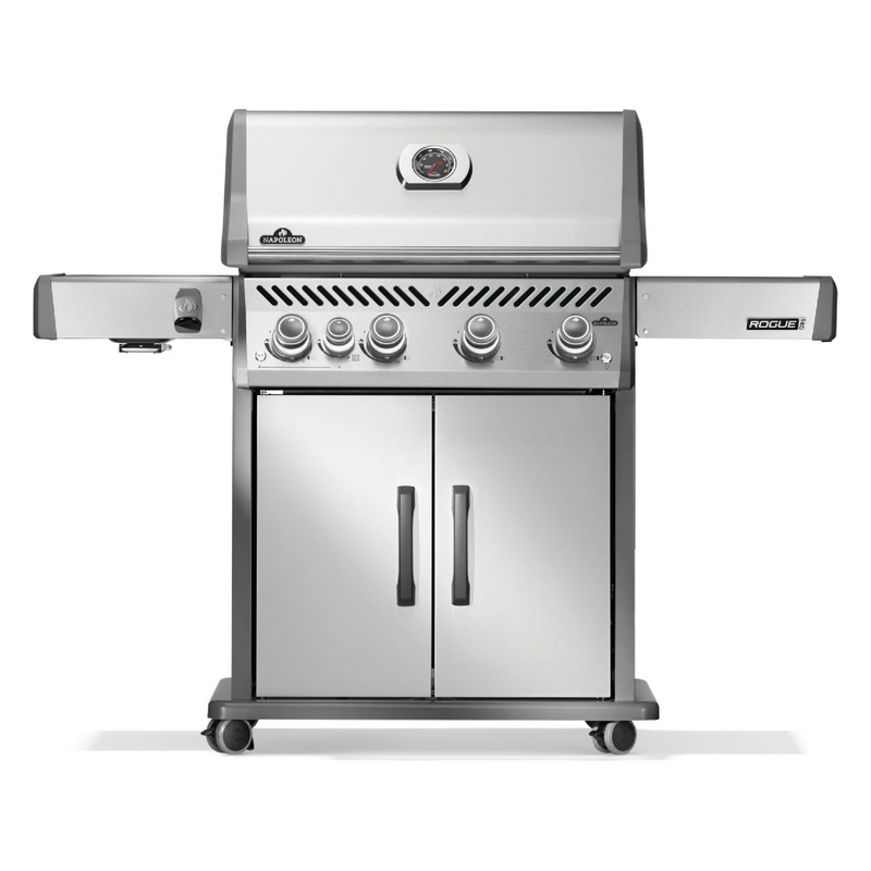 Napoleon Rogue PRO 525 stainless steel gas grill with infrared side burner and stainless steel cooking grates available in propane or natural gas at DDR BBQ Supply