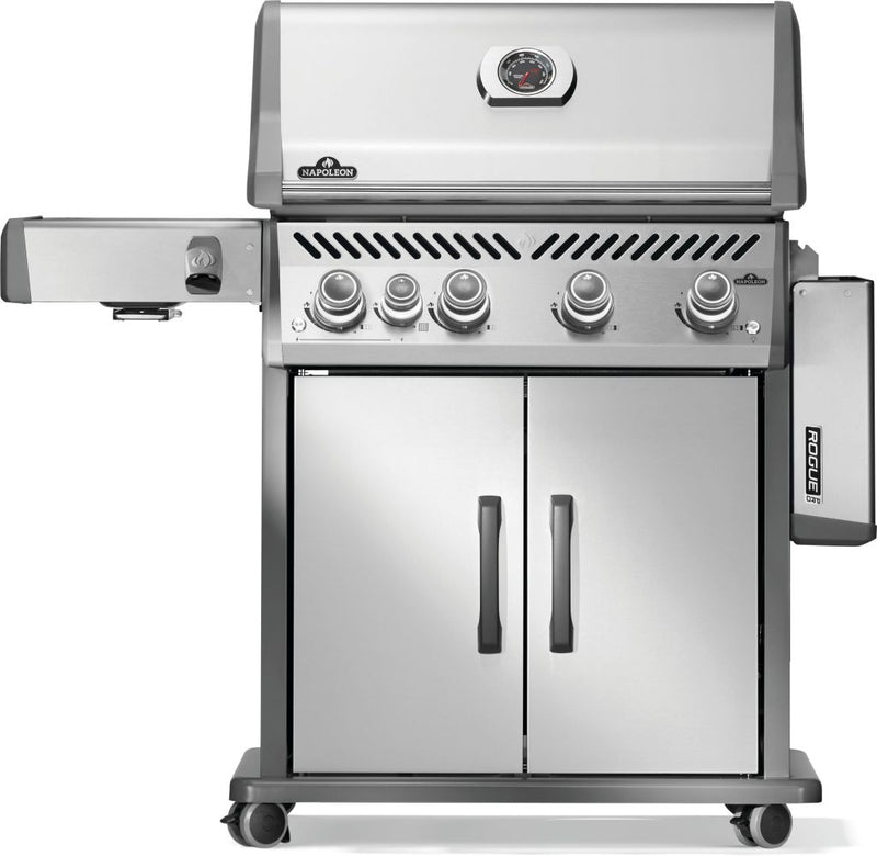 Napoleon Rogue PRO 525 stainless steel gas grill with infrared side burner and stainless steel cooking grates available in propane or natural gas at DDR BBQ Supply