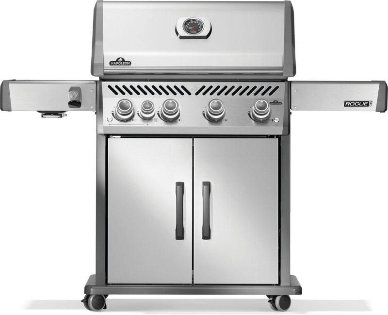 Napoleon Rogue PRO 525 stainless steel gas grill with infrared side burner and stainless steel cooking grates available in propane or natural gas at DDR BBQ Supply