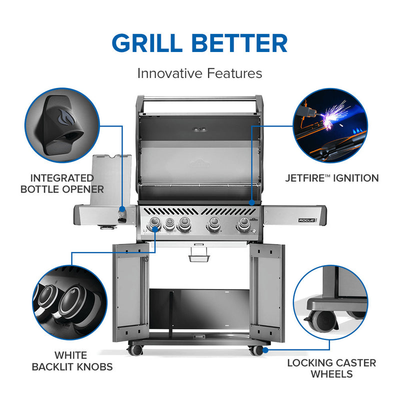 Napoleon Rogue PRO 525 stainless steel gas grill with infrared side burner and stainless steel cooking grates available in propane or natural gas at DDR BBQ Supply