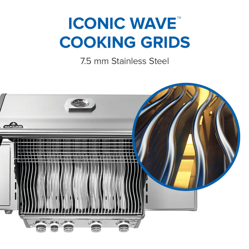 Napoleon Rogue PRO 525 stainless steel gas grill with infrared side burner and stainless steel cooking grates available in propane or natural gas at DDR BBQ Supply