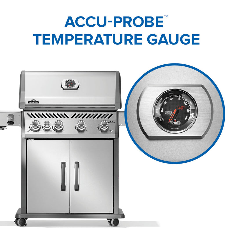 Napoleon Rogue PRO 525 stainless steel gas grill with infrared side burner and stainless steel cooking grates available in propane or natural gas at DDR BBQ Supply