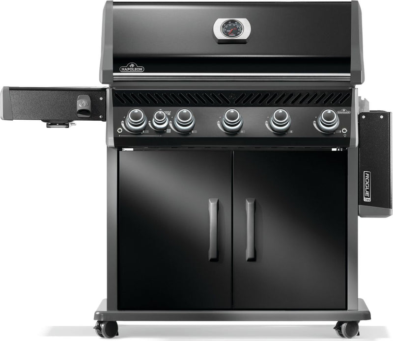 Napoleon Rogue PRO 625 black gas grill with infrared side burner available in propane or natural gas at DDR BBQ Supply
