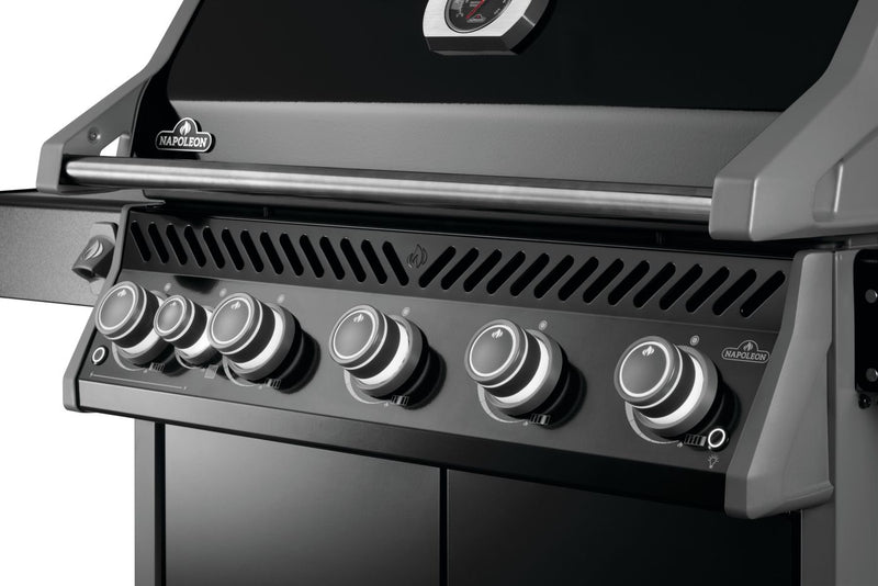 Napoleon Rogue PRO 625 black gas grill with infrared side burner available in propane or natural gas at DDR BBQ Supply