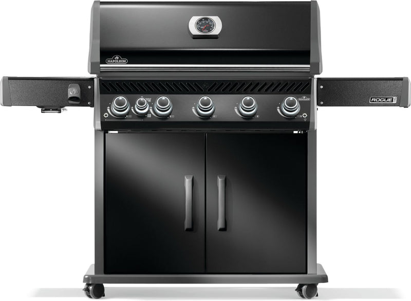 Napoleon Rogue PRO 625 black gas grill with infrared side burner available in propane or natural gas at DDR BBQ Supply